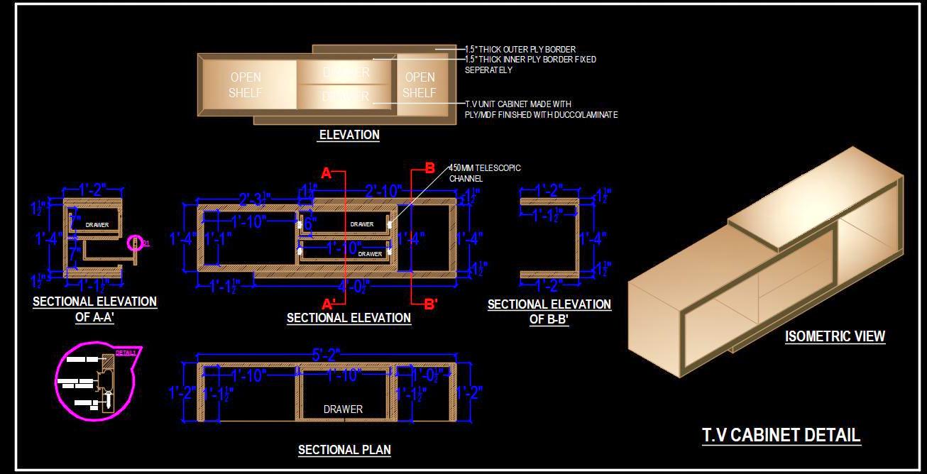 Contemporary TV Stand Cabinet CAD Drawing